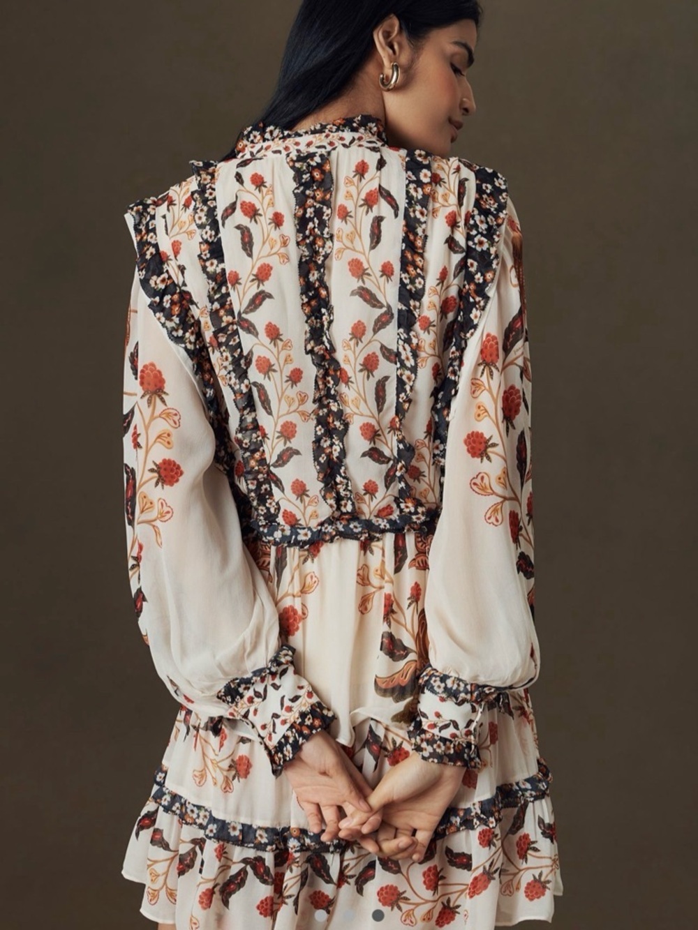 Farm Rio Floral Tiered Ruffle Long-Sleeve Mini Dress — Cream & Rust NWT Size med - Picture 3 of 3